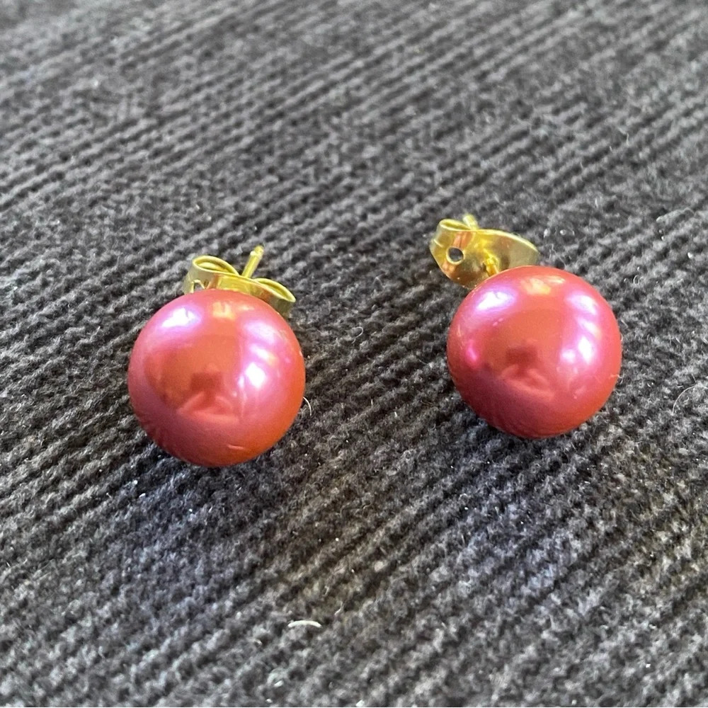 Hot Pink Fuschia Faux Pearl Studs - Picture 6 of 10